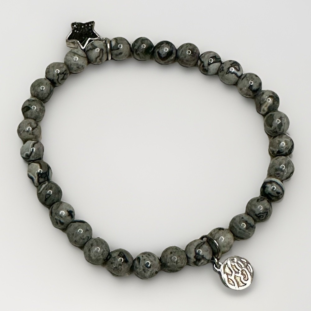 Gray‎ Jasper Beaded Sterling Silver Hg Charm Stretch Bracelet Star 7 Inch Boho